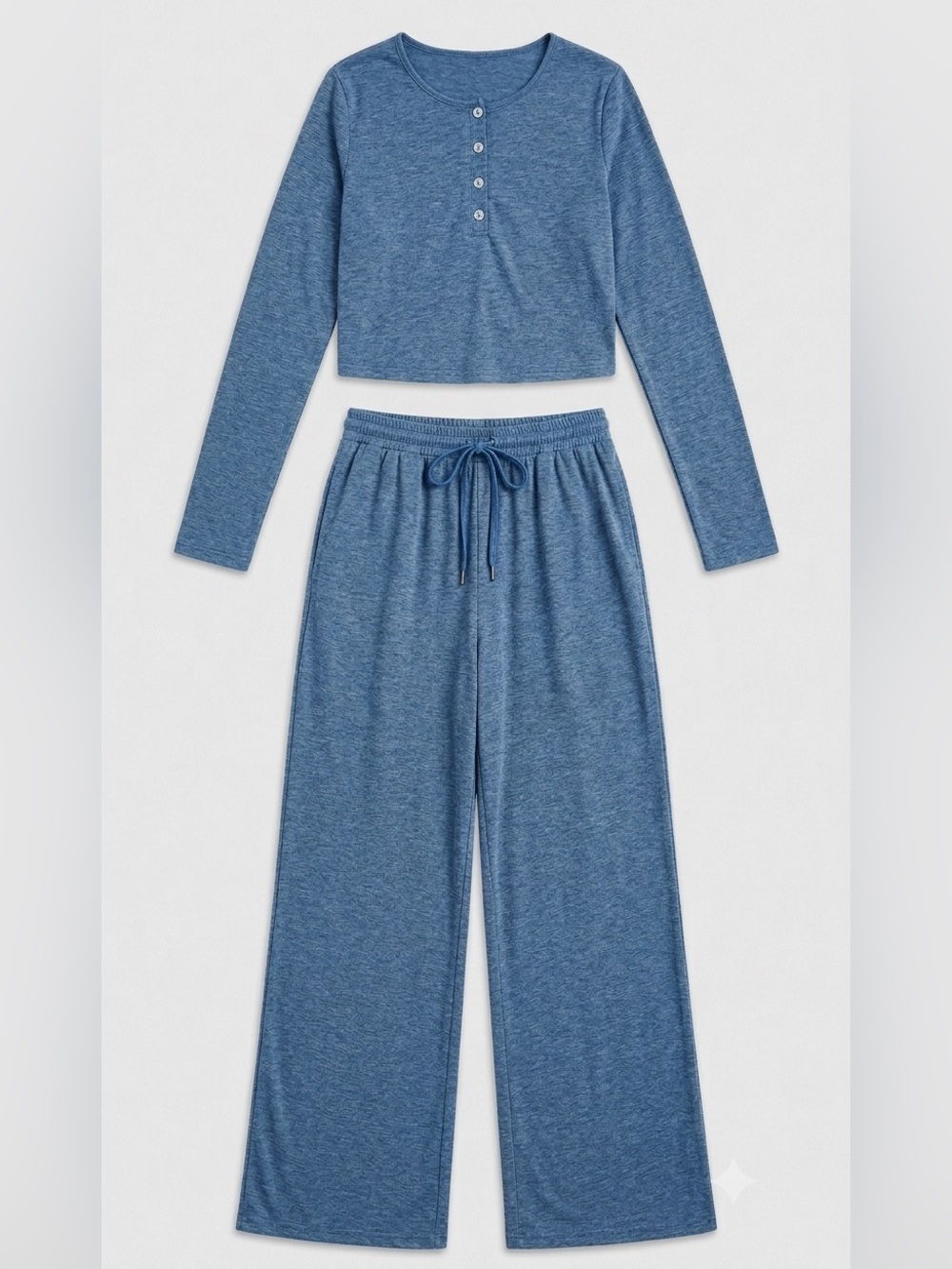 Blue Long-Sleeve Henley Top and Wide-Leg 2 piece set